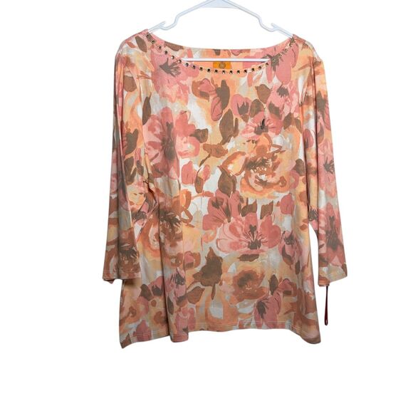Ruby Rd Blouse Women's 1X Round Neck Beaded Colorful Artsy Floral Top NWT - Picture 1 of 10